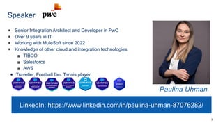 ● Senior Integration Architect and Developer in PwC
● Over 9 years in IT
● Working with MuleSoft since 2022
● Knowledge of other cloud and integration technologies
▪ TIBCO
▪ Salesforce
▪ AWS
● Traveller, Football fan, Tennis player
LinkedIn: https://www.linkedin.com/in/paulina-uhman-87076282/
3
Paulina Uhman
Speaker
 