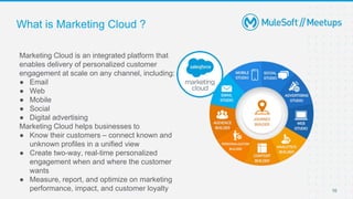 What is Marketing Cloud ?
Marketing Cloud is an integrated platform that
enables delivery of personalized customer
engagement at scale on any channel, including:
● Email
● Web
● Mobile
● Social
● Digital advertising
Marketing Cloud helps businesses to
● Know their customers – connect known and
unknown profiles in a unified view
● Create two-way, real-time personalized
engagement when and where the customer
wants
● Measure, report, and optimize on marketing
performance, impact, and customer loyalty 10
 