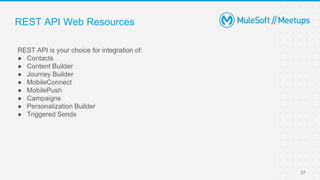 REST API Web Resources
REST API is your choice for integration of:
● Contacts
● Content Builder
● Journey Builder
● MobileConnect
● MobilePush
● Campaigns
● Personalization Builder
● Triggered Sends
27
 