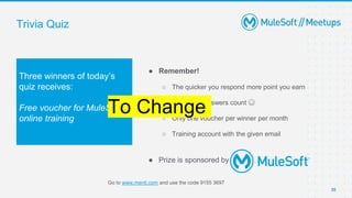 Trivia Quiz
● Remember!
○ The quicker you respond more point you earn
○ Only good answers count ☺
○ Only one voucher per winner per month
○ Training account with the given email
● Prize is sponsored by
Three winners of today’s
quiz receives:
Free voucher for MuleSoft
online training
35
Go to www.menti.com and use the code 9155 3697
To Change
 