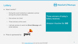Lottery
● How it works?
○ During the event randomly is selected a winner
among the present attendees.
○ One winner at a time!
○ Three winners at the event
○ I will ask winners to send me Direct Message with
email address
● Prize is sponsored by
Three winners of today’s
lottery receives:
Amazon Voucher for 30$
8
Go to www.menti.com and use the code 9155 3697
 
