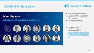 MuleSoft Ambassadors
● People to learn from
● Active in the MuleSoft
Community
● Worth following
● 20 MuleSoft
Ambassadors:
https://developer.mules
oft.com/dev/ambassado
rs
14
 