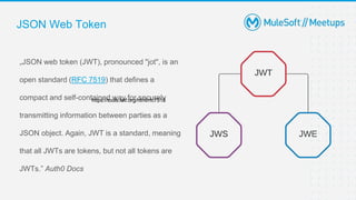JSON Web Token
„JSON web token (JWT), pronounced "jot", is an
open standard (RFC 7519) that defines a
compact and self-contained way for securely
transmitting information between parties as a
JSON object. Again, JWT is a standard, meaning
that all JWTs are tokens, but not all tokens are
JWTs.” Auth0 Docs
https://tools.ietf.org/html/rfc7515
 