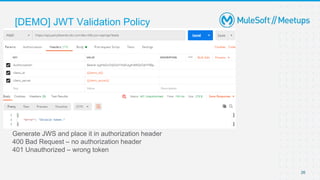 [DEMO] JWT Validation Policy
Generate JWS and place it in authorization header
400 Bad Request – no authorization header
401 Unauthorized – wrong token
26
 