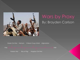 Wars by Proxy By: Brayden Carlson Greek Civil War Vietnam Chilean Coup d’état Afghanistan  1946 1989 Korean War Bay of Pigs Angolan Civil War 