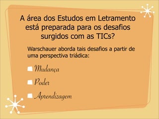 A área dos Estudos em Letramento
está preparada para os desafios
surgidos com as TICs?
Warschauer aborda tais desafios a partir de
uma perspectiva triádica:
Mudança
Poder
Aprendizagem
 