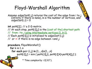 Floyd-Warshall Algorithm
Assume edgeCost(i,j) returns the cost of the edge from i to j
(infinity if there is none), n is the number of vertices, and
edgeCost(i,i) = 0
int path[][]; // a 2-D matrix.
// At each step, path[i][j] is the (cost of the) shortest path
// from i to j using intermediate vertices (1..k-1).
// Each path[i][j] is initialized to edgeCost (i,j)
// or ∞ if there is no edge between i and j.
procedure FloydWarshall ()
for k in 1..n
for each pair (i,j) in {1,..,n}x{1,..,n}
path[i][j] = min ( path[i][j], path[i][k]+path[k][j] );
* Time complexity: O(|V|3
).
 