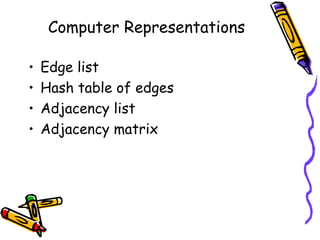 Computer Representations
• Edge list
• Hash table of edges
• Adjacency list
• Adjacency matrix
 
