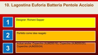 10. Lagostina Euforia Batteria Pentole Acciaio
1
Designer: Richard Sapper
2
Perfetto come idea reagalo
3
Inclusi anche: Coperchio (AJM200/16), Coperchio (AJM200/20),
Coperchio (AJM200/24)
 