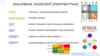 KTO? PRZESTĘPCY I SŁUŻBY SPECJALNE INNYCH PAŃSTW
DLACZEGO? PIENIĄDZE I WŁADZA
CO? KRADZIEŻ TOŻSAMOŚCI, PARALIŻ DZIAŁANIA, PROPAGANDA
JAK? PHISHING, WODOPÓJ, RANSOMWARE, HASŁA, PODATNOŚCI
GDZIE? GLOBALNIE: PAŃSTWO, FIRMA, RODZINA, TY
KIEDY? PRAWDOPODOBNIE JUŻ JEST PO, TYLKO JESZCZE TEGO NIE WIESZ
KRAJOBRAZ ZAGROŻEŃ [PERSPEKTYWA]
RUTYNOWE
PODWYŻSZONE
KRYTYCZNE
OGÓLNE SEKTOR RYNKU ORGANIZACJA
ZAGROŻENIE ZZAGROŻENIE Z
APT X
https://www.enisa.europa.eu/publications/enisa-threat-landscape-report-2017
https://attack.mitre.org/wiki/Main_Page
https://resources.sei.cmu.edu/asset_files/WhitePaper/2013_019_001_40212.pdf
ANALIZA
STRATEGICZ.
CYBER
BEZPIECZ.
ANALIZA
FUNKCJON.
ZBIERANIE
DANYCH
ŚRODOWISKO
UDZIAŁÓWCY
 