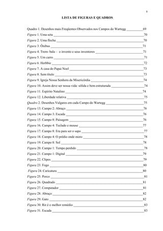 8
LISTA DE FIGURAS E QUADROS
Quadro 1. Desenhos mais Freqüentes Observados nos Campos do Wartegg __________69
Figura 1. Uma seta _______________________________________________________70
Figura 2. Uma flecha _____________________________________________________70
Figura 3. Ônibus ________________________________________________________71
Figura 4. Trem- bala – o invento e seus inventores _____________________________71
Figura 5. Um carro _______________________________________________________71
Figura 6. Herbbie ________________________________________________________72
Figura 7. A casa do Papai Noel _____________________________________________73
Figura 8. Sem título ______________________________________________________73
Figura 9. Igreja Nossa Senhora da Misericórdia ________________________________74
Figura 10. Assim deve ser nossa vida: sólida e bem estruturada ____________________74
Figura 11. Espírito Natalino _______________________________________________74
Figura 12. Liberdade relativa _______________________________________________75
Quadro 2. Desenhos Vulgares em cada Campo do Wartegg _______________________75
Figura 13. Campo 2: Abraço _______________________________________________76
Figura 14. Campo 3: Escada _______________________________________________76
Figura 15. Campo 8: Paisagem _____________________________________________76
Figura 16. Campo 4: Teclado e mouse _______________________________________77
Figura 17. Campo 8: Era para ser o sapo ______________________________________77
Figura 18. Campo 4: O prédio onde moro _____________________________________78
Figura 19. Campo 8: Sol __________________________________________________78
Figura 20. Campo 1: Tempo perdido _________________________________________78
Figura 21. Campo 1: Digital _______________________________________________79
Figura 22. Clipes ________________________________________________________79
Figura 23. Fogo _________________________________________________________80
Figura 24. Caricatura ____________________________________________________80
Figura 25. Porco _________________________________________________________81
Figura 26. Quadrado _____________________________________________________81
Figura 27. Computador ___________________________________________________81
Figura 28. Abraço _______________________________________________________82
Figura 29. Gato _________________________________________________________82
Figura 30. Rir é o melhor remédio ___________________________________________83
Figura 31. Escada ________________________________________________________83
 