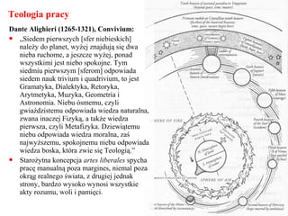 Teologia pracy
Dante Alighieri (1265-1321), Convivium:
 „Siedem pierwszych [sfer niebieskich]
należy do planet, wyżej znajdują się dwa
nieba ruchome, a jeszcze wyżej, ponad
wszystkimi jest niebo spokojne. Tym
siedmiu pierwszym [sferom] odpowiada
siedem nauk trivium i quadrivium, to jest
Gramatyka, Dialektyka, Retoryka,
Arytmetyka, Muzyka, Geometria i
Astronomia. Niebu ósmemu, czyli
gwiaździstemu odpowiada wiedza naturalna,
zwana inaczej Fizyką, a także wiedza
pierwsza, czyli Metafizyka. Dziewiątemu
niebu odpowiada wiedza moralna, zaś
najwyższemu, spokojnemu niebu odpowiada
wiedza boska, która zwie się Teologią.”
 Starożytna koncepcja artes liberales spycha
pracę manualną poza margines, niemal poza
okrąg realnego świata, z drugiej jednak
strony, bardzo wysoko wynosi wszystkie
akty rozumu, woli i pamięci.
 