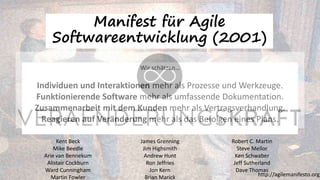 Manifest für Agile
Softwareentwicklung (2001)
Wir schätzen…
Individuen und Interaktionen mehr als Prozesse und Werkzeuge.
Funktionierende Software mehr als umfassende Dokumentation.
Zusammenarbeit mit dem Kunden mehr als Vertragsverhandlung.
Reagieren auf Veränderung mehr als das Befolgen eines Plans.
http://agilemanifesto.org/
Kent Beck
Mike Beedle
Arie van Bennekum
Alistair Cockburn
Ward Cunningham
Martin Fowler
James Grenning
Jim Highsmith
Andrew Hunt
Ron Jeffries
Jon Kern
Brian Marick
Robert C. Martin
Steve Mellor
Ken Schwaber
Jeff Sutherland
Dave Thomas
 