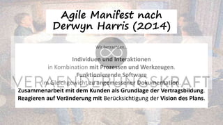 Wir betrachten…
Individuen und Interaktionen
in Kombination mit Prozessen und Werkzeugen.
Funktionierende Software
im Gleichgewicht zu angemessener Dokumentation.
Zusammenarbeit mit dem Kunden als Grundlage der Vertragsbildung.
Reagieren auf Veränderung mit Berücksichtigung der Vision des Plans.
Agile Manifest nach
Derwyn Harris (2014)
 