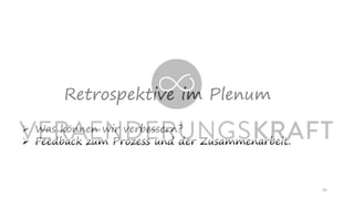 Retrospektive im Plenum
45
➢ Was können wir verbessern?
➢ Feedback zum Prozess und der Zusammenarbeit.
 