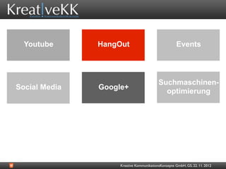 Youtube      HangOut                               Events




                                          Suchmaschinen-
Social Media   Google+
                                            optimierung




                    Kreative KommunikationsKonzepte GmbH, GS, 22. 11. 2012
 