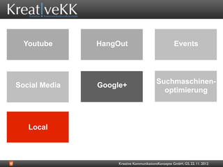 Youtube      HangOut                               Events




                                          Suchmaschinen-
Social Media   Google+
                                            optimierung




   Local



                    Kreative KommunikationsKonzepte GmbH, GS, 22. 11. 2012
 