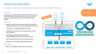 BERICHT AUS DER PRAXIS
Start Punkt
Quellsysteme SAP BW OSCARE, SAP ERP, SAP CRM welche in
einem DB2-DWH integriert wurden, soll durch eine neue
moderne und agile Architektur für die Zukunft ersetzt
werden
ISR Lösung
• Bewertung der DWH- Varianten HANA SQL DW, BW/4
HANA und DB2 Blu anhand unterschiedlicher Use Cases
• Architektur – Empfehlung HANA SQL DWH
• Detailliertes Konzept für eine Zielarchitektur auf der
Hana Plattform
• Durchgängige Modelgetriebene & Agile
Entwicklungsmethodik nach DevOps und Scrum
• DWH Automatisierung & Test Automatisierung
• Aktuelle in der Entwicklung/ Projektstart 2017
Technologien
• HANA 2.0, HANA XSA, Jenkins, Git, Java, Node.js
1 PHASE: HANA SQL INTEGARTION ARCHITEKTUR+ IMPLEMENTIERUNG
ISR Information Products AG | isr.de12
AUSZUG
ONLY
VIRTUAL
CRM / ERP / OSCARE BW / Flatfiles
SINGLE
PERSISTENCE
Data Vault
DV4HANA
Data Marts
DB DB DB …
Micro
Strategy
SAPHANAPlattformSourceSystems
Harmonization
Business
Apps
 