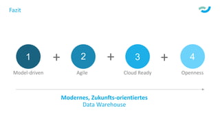 Fazit
1 2 3 4
Model-driven Agile Cloud Ready Openness
Modernes, Zukunfts-orientiertes
Data Warehouse
+ + +
 