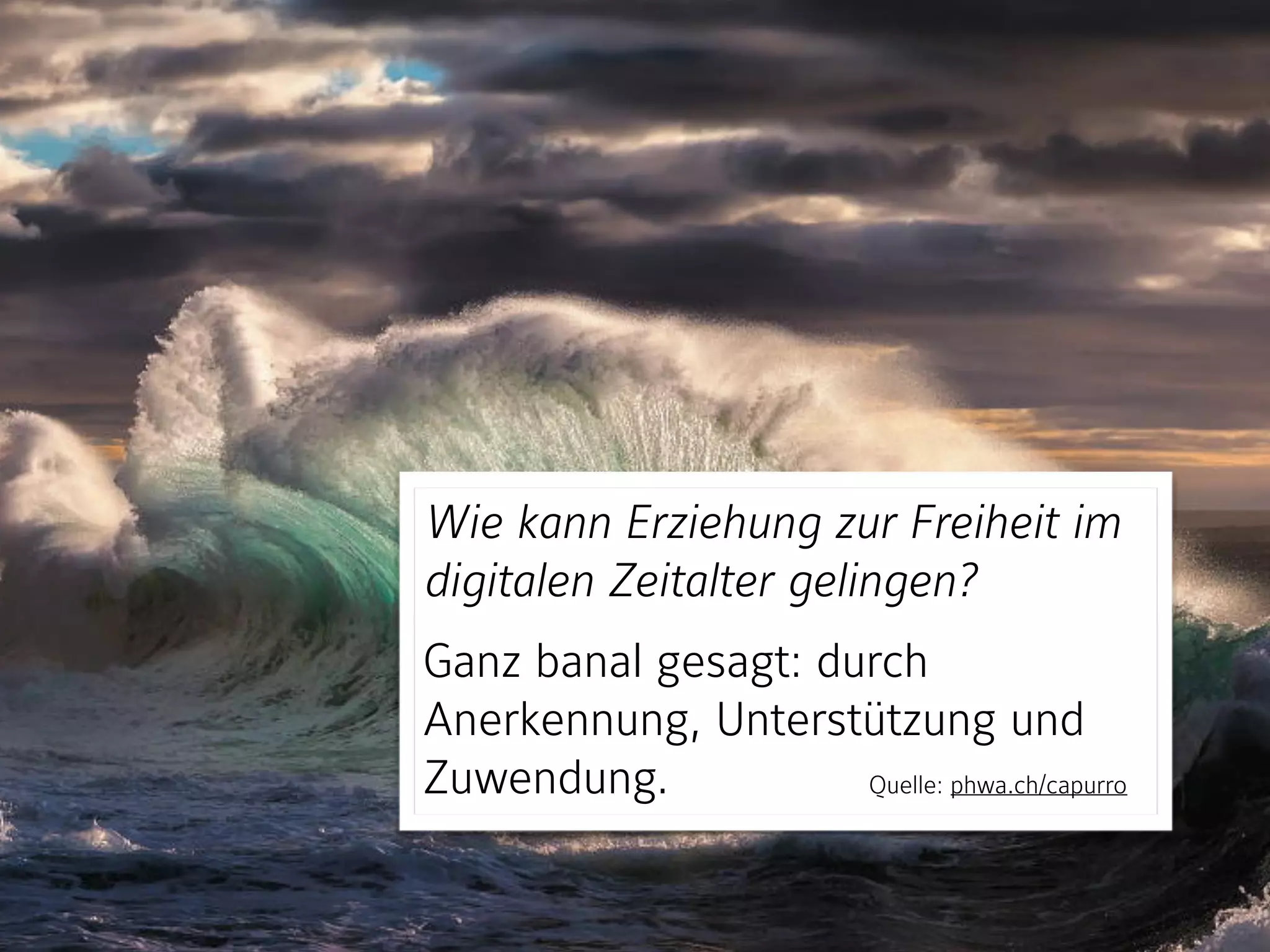 Wie kann Erziehung zur Freiheit im
digitalen Zeitalter gelingen?
Ganz banal gesagt: durch
Anerkennung, Unterstützung und
Zuwendung. Quelle: phwa.ch/capurro