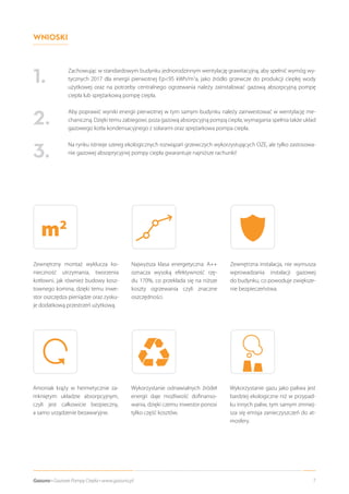 7Gazuno • Gazowe Pompy Ciepła • www.gazuno.pl
Zachowując w standardowym budynku jednorodzinnym wentylację grawitacyjną, aby spełnić wymóg wy-
tycznych 2017 dla ener­gii pierwotnej Ep95 kWh/m2
a, jako źródło grzewcze do produkcji ciepłej wody
użytkowej oraz na potrzeby centralnego ogrze­wania należy zainstalować gazową absorpcyjną pompę
ciepła lub sprężarkową pompę ciepła.
Aby poprawić wyniki energii pierwotnej w tym samym budynku należy zainwestować w wentylację me-
chaniczną. Dzięki temu zabiegowi, poza gazową absorpcyjną pompą ciepła, wymagania spełnia także układ
gazowego kotła kondensacyjnego z solarami oraz sprężarkowa pompa ciepła.
Na rynku istnieje szereg ekologicznych rozwiązań grzewczych wykorzystujących OZE, ale tylko zastosowa-
nie gazowej absoprycyjnej pompy ciepła gwarantuje najniższe rachunki!
WNIOSKI
1.
2.
3.
m2
Zewnętrzny montaż wyklucza ko-
nieczność utrzymania, tworzenia
kotłowni, jak również budowy kosz-
townego komina, dzięki temu inwe-
stor oszczędza pieniądze oraz zysku-
je dodatkową przestrzeń użytkową.
Amoniak krąży w hermetycznie za-
mkniętym układzie absorpcyjnym,
czyli jest całkowicie bezpieczny,
a samo urządzenie bezawaryjne.
Najwyższa klasa energetyczna: A++
oznacza wysoką efektywność rzę-
du 170%, co przekłada się na niższe
koszty ogrzewania czyli znaczne
oszczędności.
Wykorzystanie odnawialnych źródeł
energii daje możliwość dofinanso-
wania, dzięki czemu inwestor ponosi
tylko część kosztów.
Zewnętrzna instalacja, nie wymusza
wprowadzania instalacji gazowej
do budynku, co powoduje zwiększe-
nie bezpieczeństwa.
Wykorzystanie gazu jako paliwa jest
bardziej ekologiczne niż w przypad-
ku innych paliw, tym samym zmniej-
sza się emisja zanieczyszczeń do at-
mosfery.
 