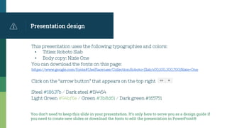 Presentation design
This presentation uses the following typographies and colors:
▪ Titles: Roboto Slab
▪ Body copy: Nixie One
You can download the fonts on this page:
https://www.google.com/fonts#UsePlace:use/Collection:Roboto+Slab:400,100,300,700|Nixie+One
Click on the “arrow button” that appears on the top right
Steel #18637b / Dark steel #114454
Light Green #94bf6e / Green #3b8d61 / Dark green #165751
You don’t need to keep this slide in your presentation. It’s only here to serve you as a design guide if
you need to create new slides or download the fonts to edit the presentation in PowerPoint®
 