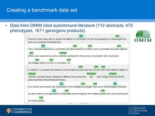Creating a benchmark data set
• Data from OMIM cited autoimmune literature (112 abstracts, 472
phenotypes, 1611 gene/gene products).
 