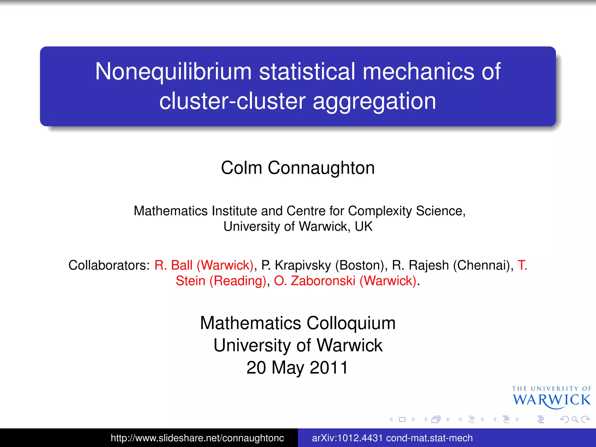 Nonequilibrium Statistical Mechanics of Cluster-cluster Aggregation ...