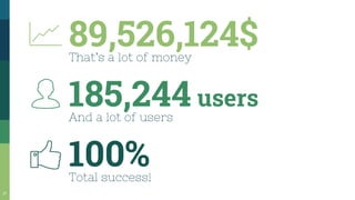 89,526,124$
That’s a lot of money
100%
Total success!
185,244 users
And a lot of users
17
 