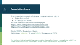 Presentation design
This presentation uses the following typographies and colors:
▪ Titles: Roboto Slab
▪ Body copy: Nixie One
You can download the fonts on these pages:
https://www.fontsquirrel.com/fonts/nixie-one
https://www.fontsquirrel.com/fonts/roboto-slab
Steel #18637b / Dark steel #114454
Light Green #94bf6e / Green #3b8d61 / Dark green #165751
You don’t need to keep this slide in your presentation. It’s only here to serve you as a design guide if you
need to create new slides or download the fonts to edit the presentation in PowerPoint®
27
 