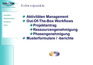 Schwerpunkte Aktivitäten Management Out-Of-The-Box Workflows  Projektantrag Ressourcengenehmigung Phasengenehmigung  Musterformulare / -berichte  