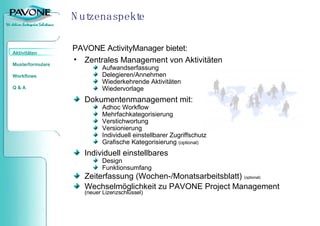 Nutzenaspekte Zentrales Management von Aktivitäten Aufwandserfassung Delegieren/Annehmen Wiederkehrende Aktivitäten Wiedervorlage Dokumentenmanagement mit: Adhoc Workflow Mehrfachkategorisierung Verstichwortung Versionierung Individuell einstellbarer Zugriffschutz Grafische Kategorisierung  (optional) Individuell einstellbares Design Funktionsumfang Zeiterfassung (Wochen-/Monatsarbeitsblatt)  (optional) Wechselmöglichkeit zu PAVONE Project Management (neuer Lizenzschlüssel) PAVONE ActivityManager bietet: 