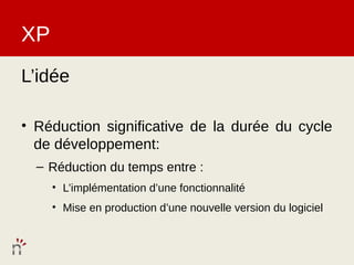 XP
L’idée

• Réduction significative de la durée du cycle
  de développement:
  – Réduction du temps entre :
     • L’implémentation d’une fonctionnalité
     • Mise en production d’une nouvelle version du logiciel
 