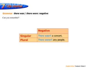 English Alive!   Student’s Book 1 There wasn’t There weren’t Can you remember? Grammar   there was  /  there were   : negative Negative Singular There wasn ’ t  a concert. Plural There weren ’ t  any people. 