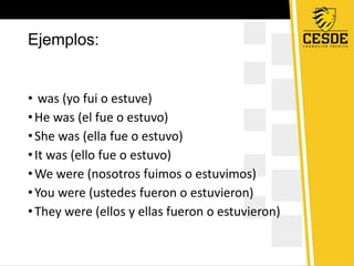Ejemplos:
• was (yo fui o estuve)
•He was (el fue o estuvo)
•She was (ella fue o estuvo)
•It was (ello fue o estuvo)
•We were (nosotros fuimos o estuvimos)
•You were (ustedes fueron o estuvieron)
•They were (ellos y ellas fueron o estuvieron)
 