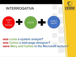 INTERROGATIVA
SUJETO
VERBO
EN
PASADO
COMPLE
MENTO
was Lucia a system analyst?
was Carlos a web-page designer?
were Mary and Carlos in the Microsoft lecture?
 