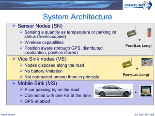 System Architecture Sensor Nodes (SN) Sensing a quantity as temperature or parking lot status (free/occupied) Wireless capabilities Position aware (through GPS, distributed localization, position stored) Vice Sink nodes (VS) Nodes disposed along the road  No battery limitation Not connected among them in principle Mobile Sink (MS) A car passing by on the road Connected with one VS at the time GPS enabled + + Pos=(Lat, Long) + Pos=(Lat, Long) 