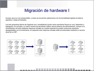Migración de hardware I
Aunque Java es muy transportable, a veces se encuentran aplicaciones con funcionalidades ligadas al sistema
operativo o hasta al hardware.
Los tres escenarios típicos de migración son: consolidación (juntar varios servidores físicos en uno), dispersión o
agregación. En principio, un menor número de servidores implica menos esfuerzo de administración, aunque si la
consolidación se hace mediante máquinas virtuales en nuestra experiencia pueden producirse sorpresas
desagradables con el rendimiento, en especial si las máquinas virtuales están provisionadas mediante un servicio
cloud de un ISP.
 