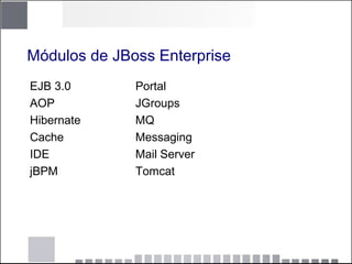 Módulos de JBoss Enterprise
EJB 3.0 Portal
AOP JGroups
Hibernate MQ
Cache Messaging
IDE Mail Server
jBPM Tomcat
 