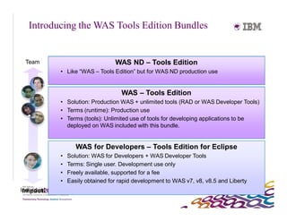 Introducing the WAS Tools Edition Bundles


  Team                             WAS ND – Tools Edition
             • Like “WAS – Tools Edition” but for WAS ND production use


                                     WAS – Tools Edition
             • Solution: Production WAS + unlimited tools (RAD or WAS Developer Tools)
             • Terms (runtime): Production use
             • Terms (tools): Unlimited use of tools for developing applications to be
               deployed on WAS included with this bundle.


                    WAS for Developers – Tools Edition for Eclipse
             •   Solution: WAS for Developers + WAS Developer Tools
             •   Terms: Single user. Development use only
             •   Freely available, supported for a fee
             •   Easily obtained for rapid development to WAS v7, v8, v8.5 and Liberty
Individual
 