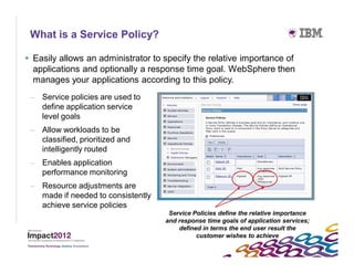 What is a Service Policy?

 Easily allows an administrator to specify the relative importance of
  applications and optionally a response time goal. WebSphere then
  manages your applications according to this policy.
 – Service policies are used to
   define application service
   level goals
 – Allow workloads to be
   classified, prioritized and
   intelligently routed
 – Enables application
   performance monitoring
 – Resource adjustments are
   made if needed to consistently
   achieve service policies
                                     Service Policies define the relative importance
                                    and response time goals of application services;
                                        defined in terms the end user result the
                                              customer wishes to achieve
                                                                                       31
 
