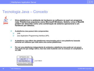 WebSphere Application Server 
Tecnologia Java – Conceito 
 Uma plataforma é o ambiente de hardware ou software no qual um programa 
roda. Plataformas populares como Microsoft Windows, Solaris, Linux e MacOS 
podem ser descritas como uma combinação de sistema operacional e um 
hardware por debaixo. 
 A plataforma Java possui dois componentes: 
 JVM. 
 Java Application Programming Interface (API). 
 A plataforma Java difere das plataformas mencionadas pois é uma plataforma baseada 
somente em software que roda sobre uma outras plataformas. 
 Por ser uma plataforma independente do ambiente a plataforma Java pode ser um pouco 
mais lenta do que código nativo, mas isso está mudando com os avanços no compilador e 
no JVM. 
© 2009 14 SSO Middleware IBM Corporation 
 