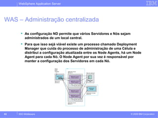 WebSphere Application Server 
WAS – Administração centralizada 
 As configuração ND permite que vários Servidores e Nós sejam 
administrados de um local central. 
 Para que isso sejá viável existe um processo chamado Deployment 
Manager que cuida do processo de administração de uma Célula e 
distribui a configuração atualizada entre os Node Agents, há um Node 
Agent para cada Nó. O Node Agent por sua vez é responsável por 
manter a configuração dos Servidores em cada Nó. 
© 2009 63 SSO Middleware IBM Corporation 
 