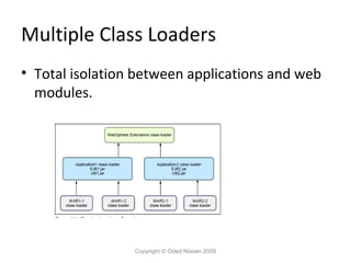 Multiple Class Loaders
• Total isolation between applications and web
modules.

Copyright © Oded Nissan 2009

 