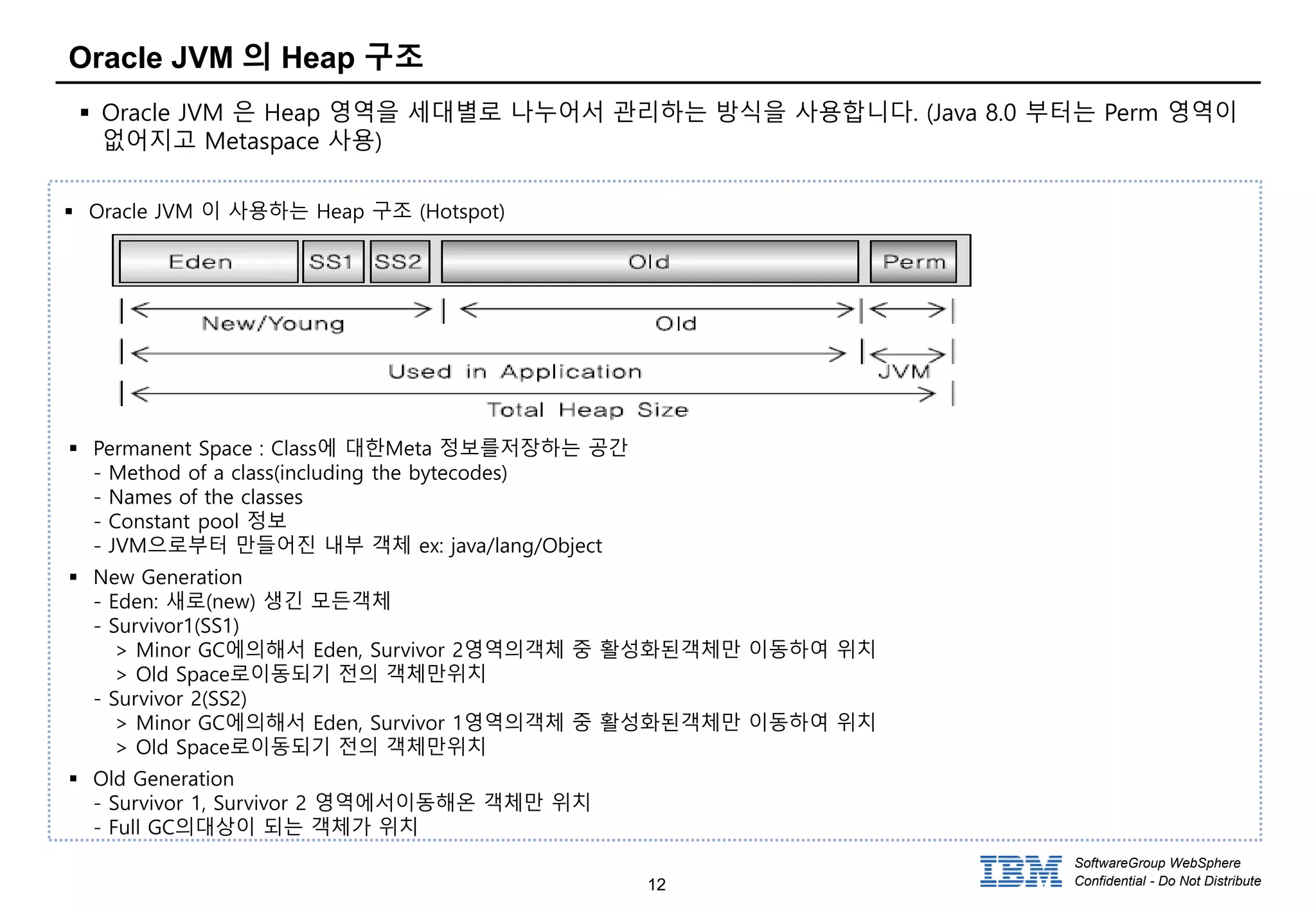 12
SoftwareGroup WebSphere
Confidential - Do Not Distribute
Oracle JVM 의 Heap 구조
 Oracle JVM 은 Heap 영역을 세대별로 나누어서 관리하는 방식을 사용합니다. (Java 8.0 부터는 Perm 영역이
없어지고 Metaspace 사용)
 Oracle JVM 이 사용하는 Heap 구조 (Hotspot)
 Permanent Space : Class에 대한Meta 정보를저장하는 공간
- Method of a class(including the bytecodes)
- Names of the classes
- Constant pool 정보
- JVM으로부터 만들어진 내부 객체 ex: java/lang/Object
 New Generation
- Eden: 새로(new) 생긴 모든객체
- Survivor1(SS1)
> Minor GC에의해서 Eden, Survivor 2영역의객체 중 활성화된객체만 이동하여 위치
> Old Space로이동되기 전의 객체만위치
- Survivor 2(SS2)
> Minor GC에의해서 Eden, Survivor 1영역의객체 중 활성화된객체만 이동하여 위치
> Old Space로이동되기 전의 객체만위치
 Old Generation
- Survivor 1, Survivor 2 영역에서이동해온 객체만 위치
- Full GC의대상이 되는 객체가 위치
 