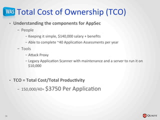 Total	
  Cost	
  of	
  Ownership	
  (TCO)	
  
•  Understanding	
  the	
  components	
  for	
  AppSec	
  
–  People	
  
– Keeping	
  it	
  simple,	
  $140,000	
  salary	
  +	
  beneﬁts	
  
– Able	
  to	
  complete	
  ~40	
  ApplicaJon	
  Assessments	
  per	
  year	
  
–  Tools	
  	
  
– A_ack	
  Proxy	
  
– Legacy	
  ApplicaJon	
  Scanner	
  with	
  maintenance	
  and	
  a	
  server	
  to	
  run	
  it	
  on	
  
$10,000	
  
•  TCO	
  =	
  Total	
  Cost/Total	
  Produc@vity	
  
–  150,000/40=	
  $3750	
  Per	
  ApplicaJon	
  
	
  
16	
  
 