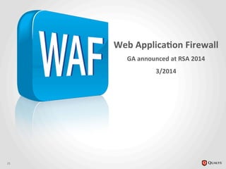 21	
  
Web	
  Applica@on	
  Firewall	
  
GA	
  announced	
  at	
  RSA	
  2014	
  
3/2014	
  
 