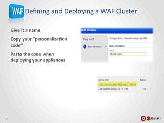 Deﬁning	
  and	
  Deploying	
  a	
  WAF	
  Cluster	
  
Give	
  it	
  a	
  name	
  
Copy	
  your	
  “personaliza@on	
  
code”	
  
Paste	
  the	
  code	
  when	
  
deploying	
  your	
  appliances	
  
34	
  
 