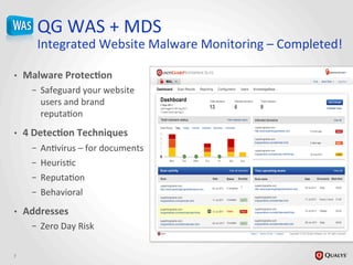 QG	
  WAS	
  +	
  MDS	
  	
  
Integrated	
  Website	
  Malware	
  Monitoring	
  –	
  Completed!	
  
•  Malware	
  Protec@on	
  
–  Safeguard	
  your	
  website	
  
users	
  and	
  brand	
  
reputaJon	
  
•  4	
  Detec@on	
  Techniques	
  
–  AnJvirus	
  –	
  for	
  documents	
  
–  HeurisJc	
  
–  ReputaJon	
  
–  Behavioral	
  
•  Addresses	
  
–  Zero	
  Day	
  Risk	
  
7	
  
 