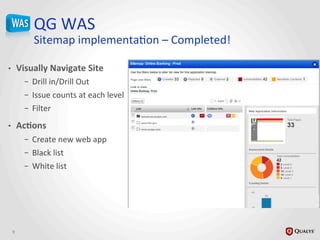 QG	
  WAS	
  	
  
Sitemap	
  implementaJon	
  –	
  Completed!	
  
•  Visually	
  Navigate	
  Site	
  
–  Drill	
  in/Drill	
  Out	
  
–  Issue	
  counts	
  at	
  each	
  level	
  
–  Filter	
  	
  
•  Ac@ons	
  
–  Create	
  new	
  web	
  app	
  
–  Black	
  list	
  
–  White	
  list	
  
	
  
9	
  
 